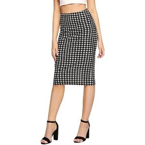 NWOT SheIn Elegant Strecthy Mid Waist Buffalo Plaid Split Pencil Skirt B&W
